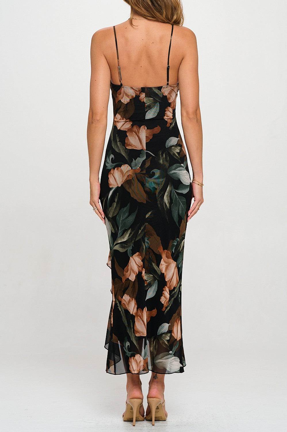Blk Floral Ruffle Slit