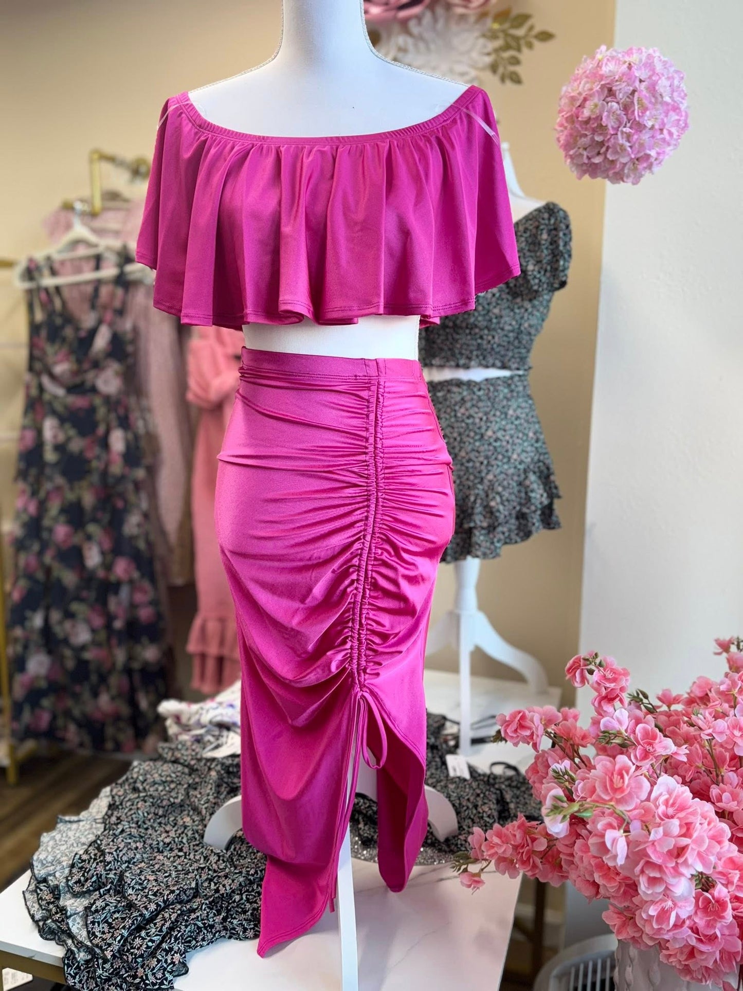 Off-shoulder Ruffled Crop Top 2Pc Midi Skirt