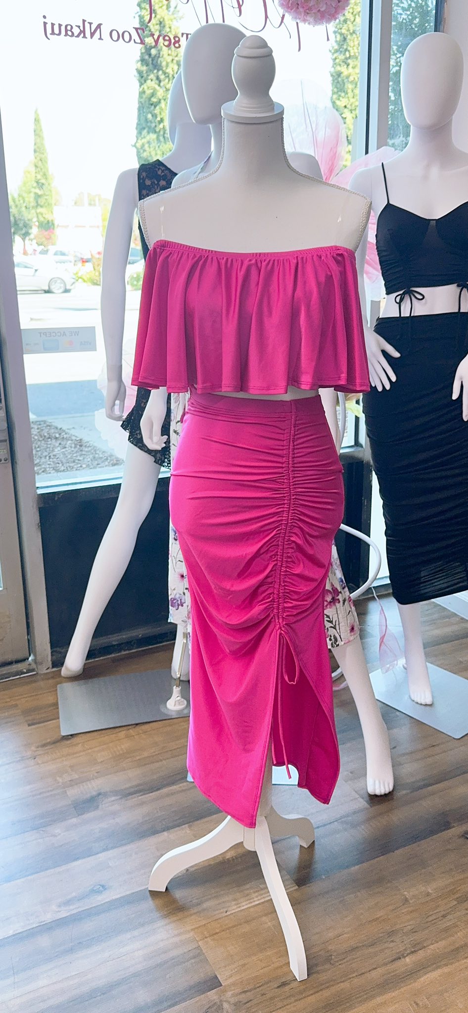 Off-shoulder Ruffled Crop Top 2Pc Midi Skirt