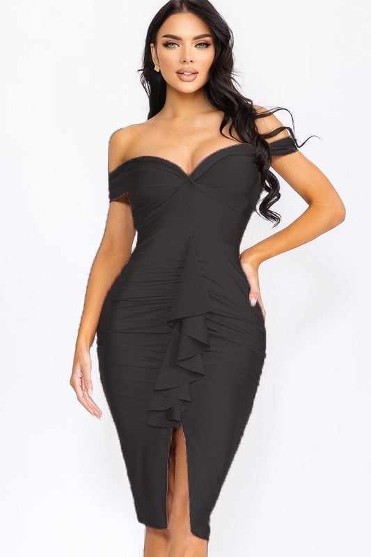 Satin Ruffle Elegant Midi Dress