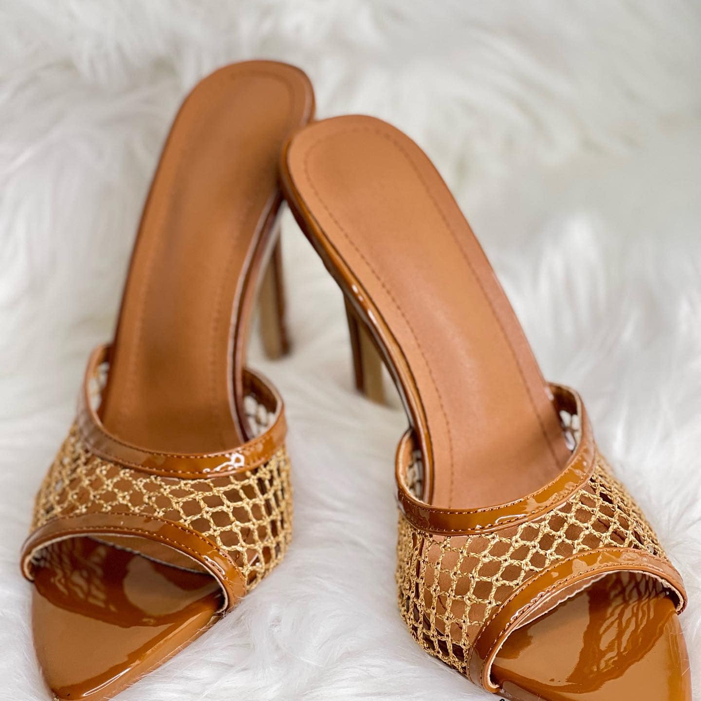 Brown net pointy sandal heel