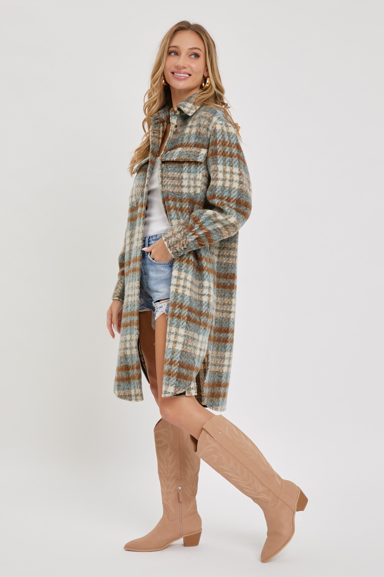 Button Down Long Plaid Coat