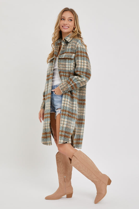 Button Down Long Plaid Coat