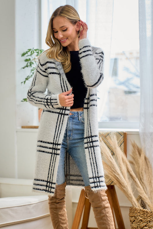 Fuzzy Eyelash Hooded Plaid Pattern Coatigan