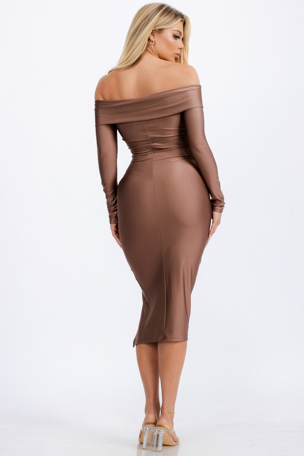 Brown Satin Solid Off Shoulder